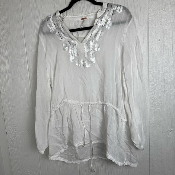 Free People Drop Waist Tie Semi Sheer White Blouse Top Size Medium Embellished - Picture 2 of 8